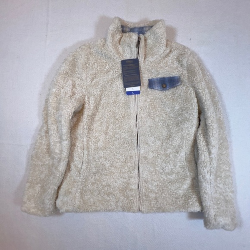 Pendleton Women's Sherpa‎ Fleece Jacket Cream Beige Plaid Accents Size Large